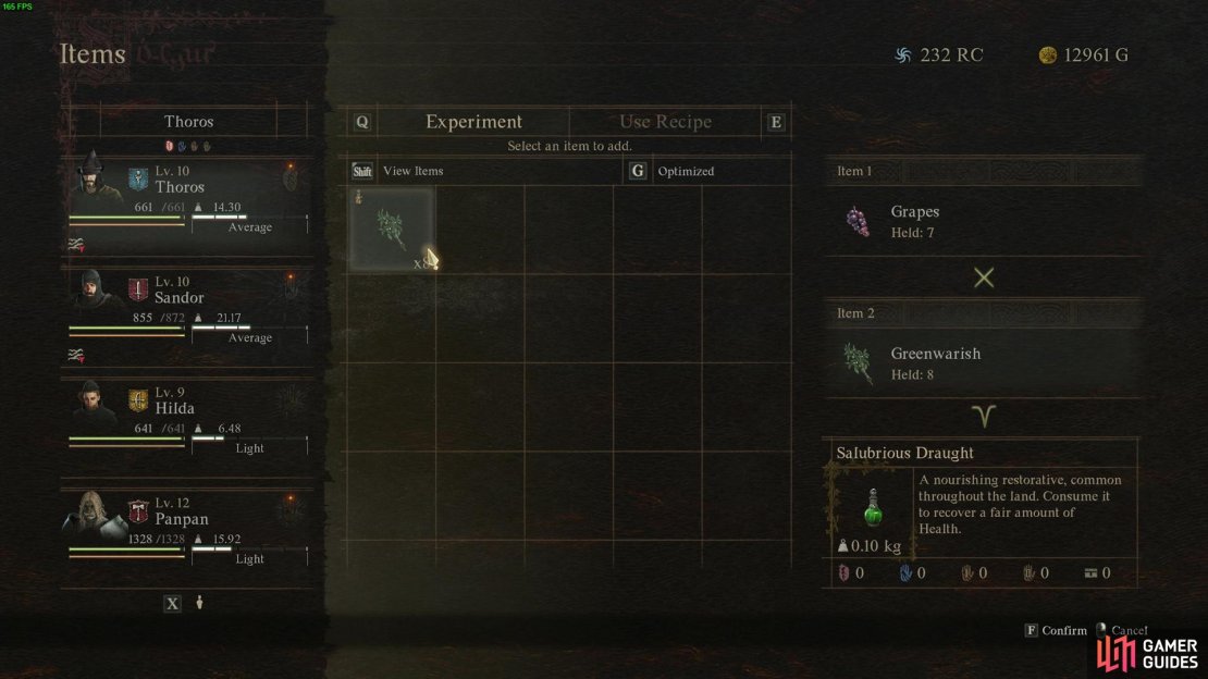 Combine basic fruits with basic plants, and you&rsquo;ll likely craft Salubrious Draughts in Dragon&rsquo;s Dogma 2. Here&rsquo;s an example of Grapes and Greens although Apples and Strawberries work fine too.