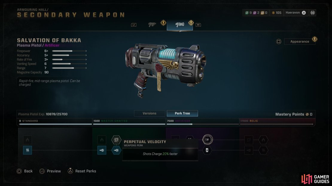We generally recommend the bottom row of weapon perks for the Plasma Pistol, diverging only to snag the two &ldquo;Perpetual Velocity&rdquo; perks, ignoring Relic tier upgrades altogether.