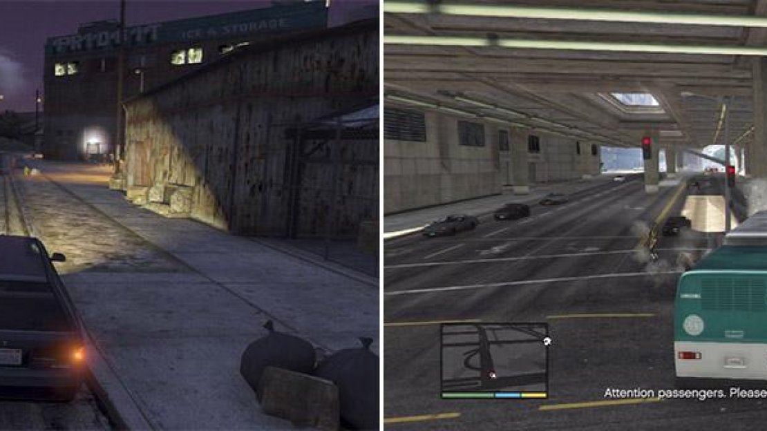 This is the target’s car so keep an eye out for it (left). See the yellow bike flying in the air? The target is underneath the bus’s wheels (right).