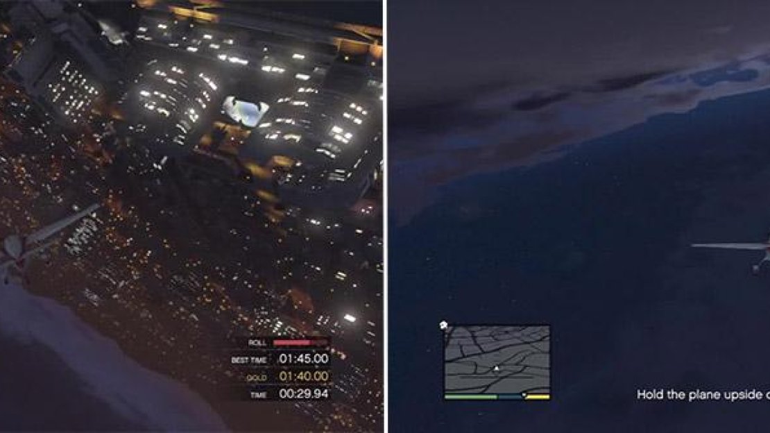 The stunt meter is an excellent way to gauge how much further you must go to complete the stunt (left). Flying upside down is weird. The controls are reversed so don’t try and do the same thing or you’ll plummet into the ground and make a nice pancake on the floor (right).