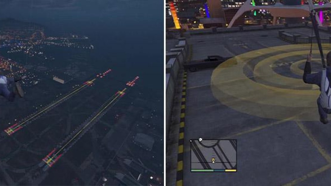 Pull the cord at about this height. Doing so will allow you plenty of time to make any adjustments for the landing (left). When making a stationary landing, always aim for the inner ring with your feet (right).