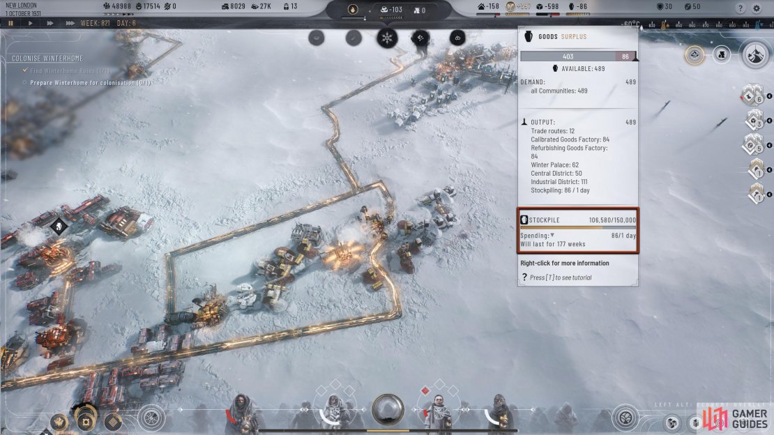 If you hover over a resource, you can see how much you have stockpiled, and how long it&rsquo;ll last.