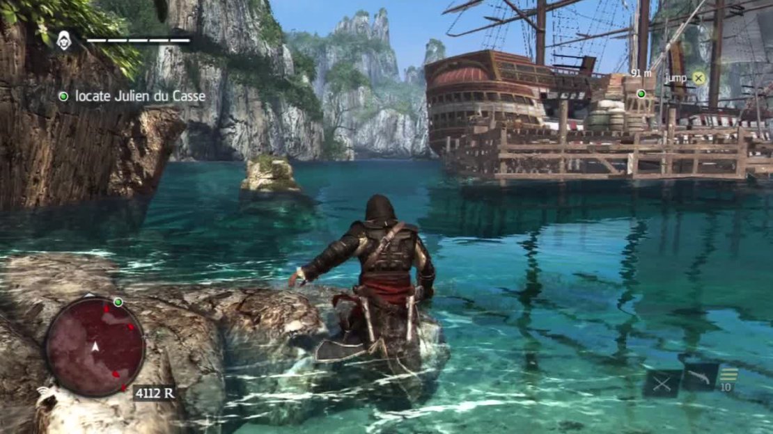 Get in the water here and stealth swim to the back of the ship so the guards on the walkways cannot spot you.