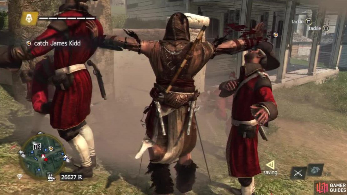 As you chase Kidd, there will be groups of guards stood around. Throw a bomb down and quickly kill them. It is also possible to stun Kidd with a bomb stopping him from running and giving you a chance to tackle him.