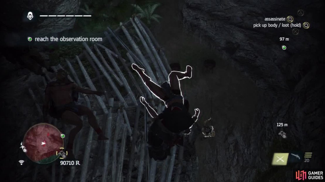 Creep to the edge here and look for the guards below you. Air assassinate them so they do not get a chance to kill the hostages.