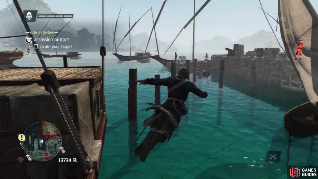 You can just see the target off in the distance on the right walking down the pier. Stealth swim over there but be careful of the guard looking out to sea.
