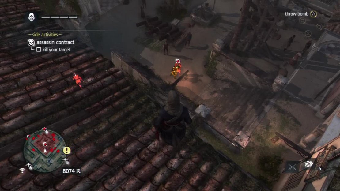 You can also take out the two guards on this rooftop and then jump down inside. Quietly sneak over to the wall near the target and air assassinate both him and the guard he is talking to.