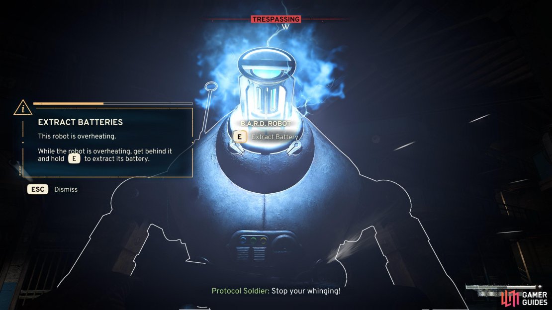 Deal enough damage to the Robot to make them overheat, and then extract the battery from their backs.