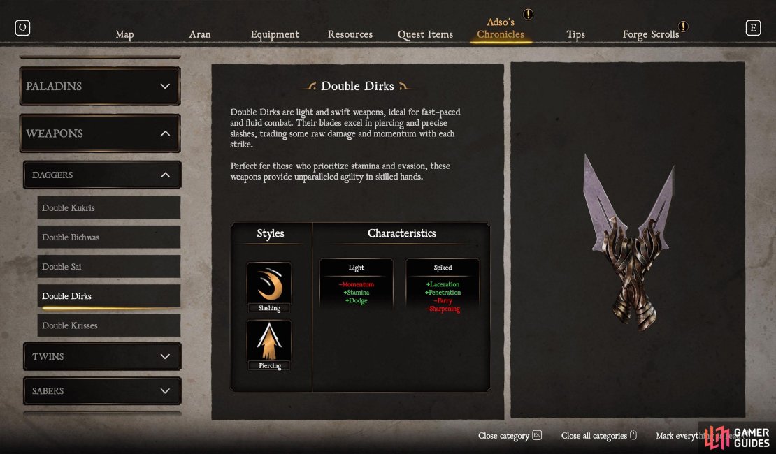 The Double Dirks have bonuses to Slashing and Piercing, making them rather unique.
