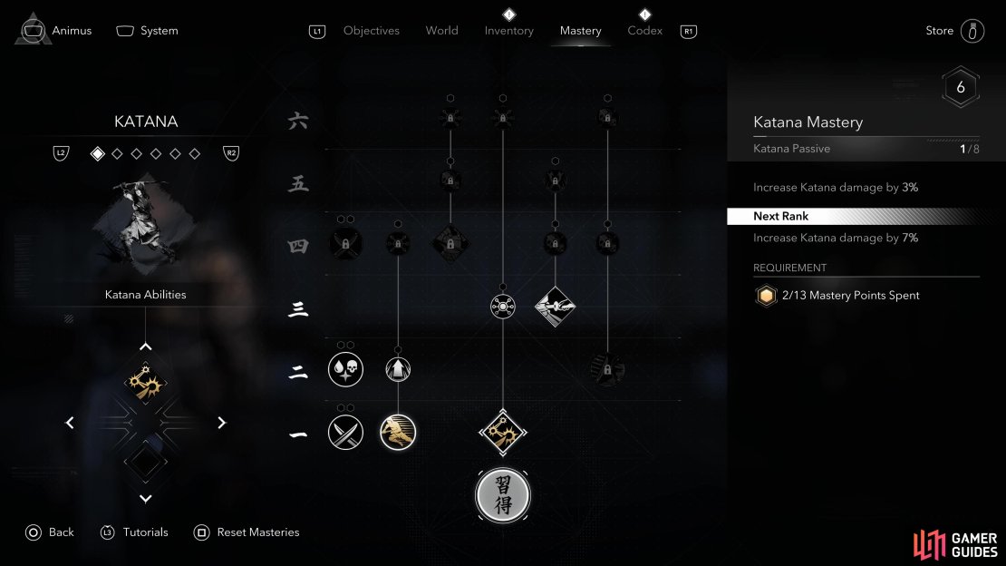 The Katana Mastery category focuses on hard-hitting abilities.