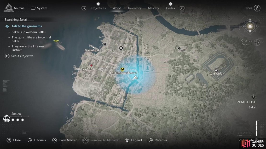 You will find the gunsmiths around this area of Sakai.