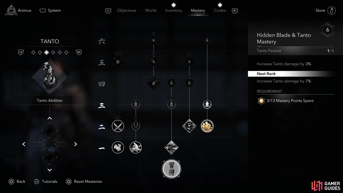 The Tanto Mastery category offers many abilities that offer quick flurries.