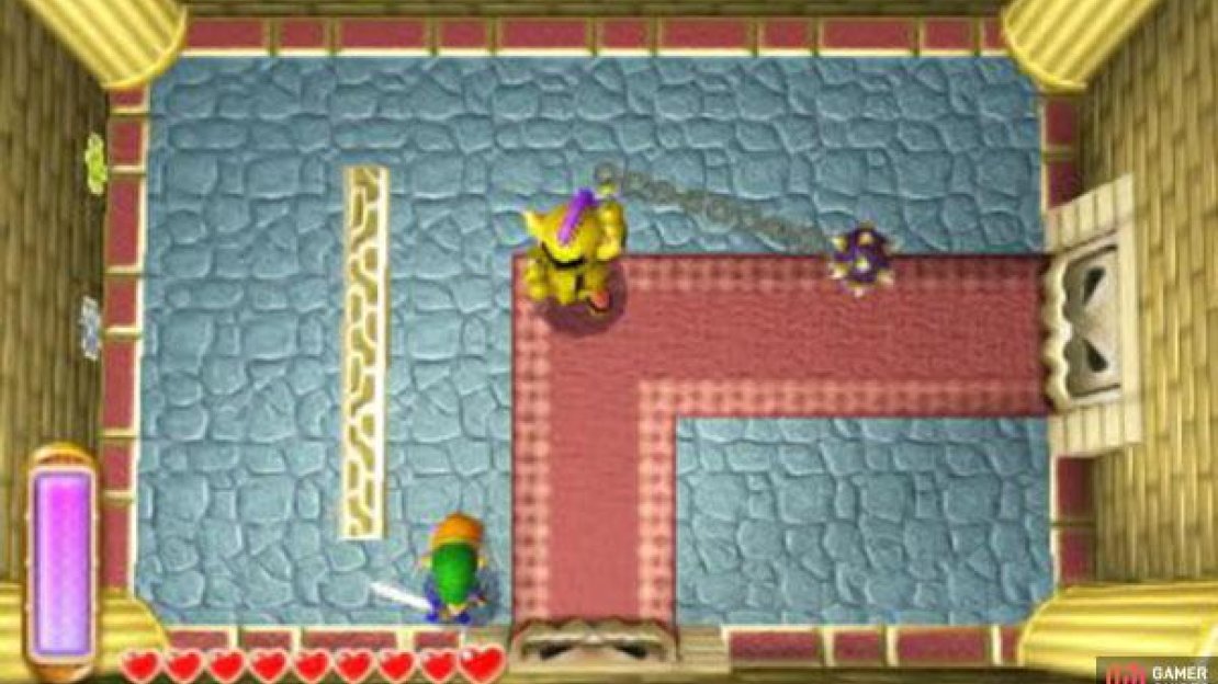 Ball and Chain Soldiers are tough cookies. At the earliest opportunity, use the Hookshot, Boomerang or Tornado Rod to stun one. Then run in and slash once (or twice), before immediately stunning him again and repeat. If the soldier becomes unstunned, run back and do a big circular movements to avoid getting hit. When the chain’s stretched, go in and stun him again.