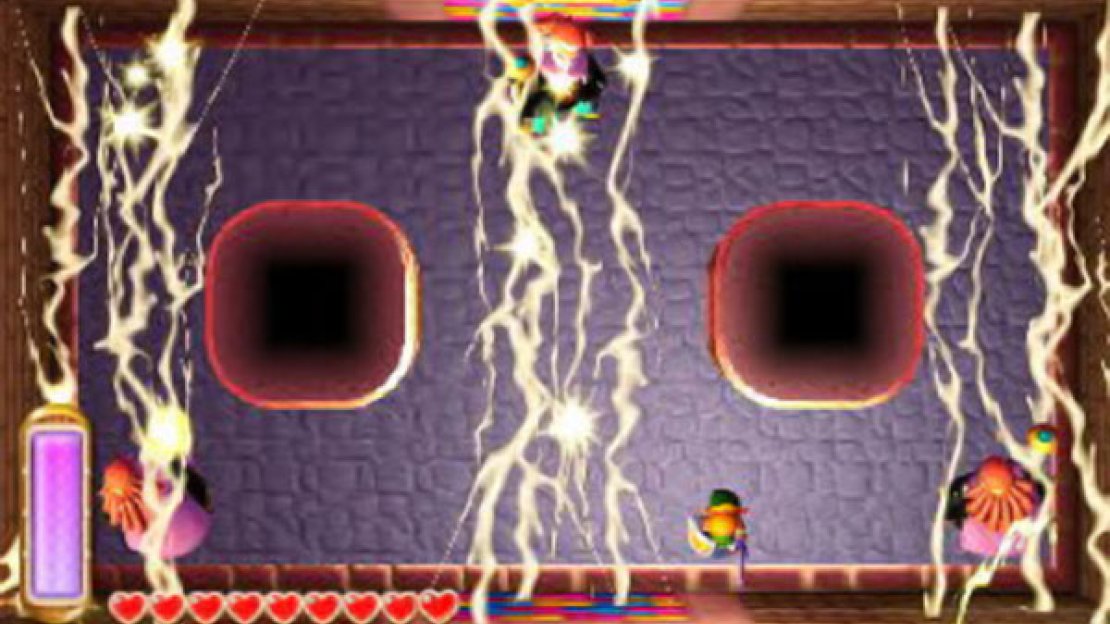 His painting attacks for reference:  Yellow: Lines of lightning fill most of the room. To avoid, run for the area where there’s no lightning or merge into the wall; it’s easier to do the latter.  Green: Three enemy soldiers will emerge from the wall to harass Link. When angry, four strong soldiers will appear. Stun them with the Hammer or Tornado Rod and hack them to bits. If cornered, merge into the wall to escape.  Red: Fireballs cycle around the whole perimeter of the room. Just stay in the middle to avoid.