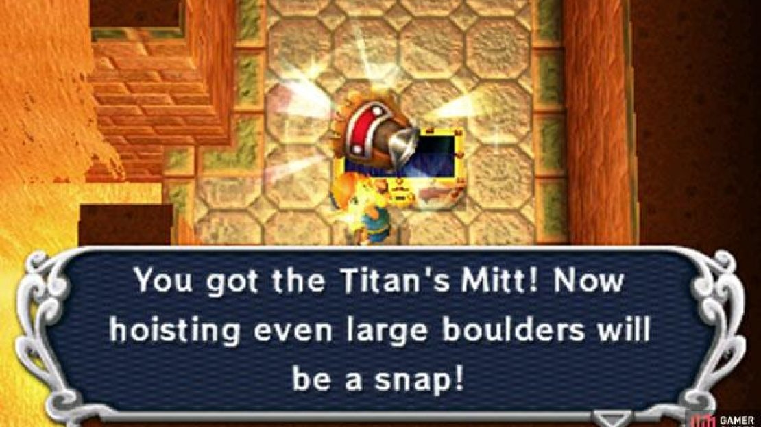Next, cast the Sand Rod left, then merge and walk all the way right to reach the big chest and claim the Titan’s Mitts inside. With this awesome glove, Link can now lift giant rocks. Head back to the entrance of this room and return to the previous room (1F west).