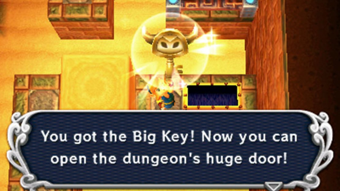 Step in the bottom-right corner and cast the Sand Rod down, then merge and walk left to reach the big chest containing the Big Key. Next drop down and head all the way down; at the end, go down through an obscured door to reach a secret room (2F south-east) containing fairies and some rupees. Then head back up (to 2F east).
