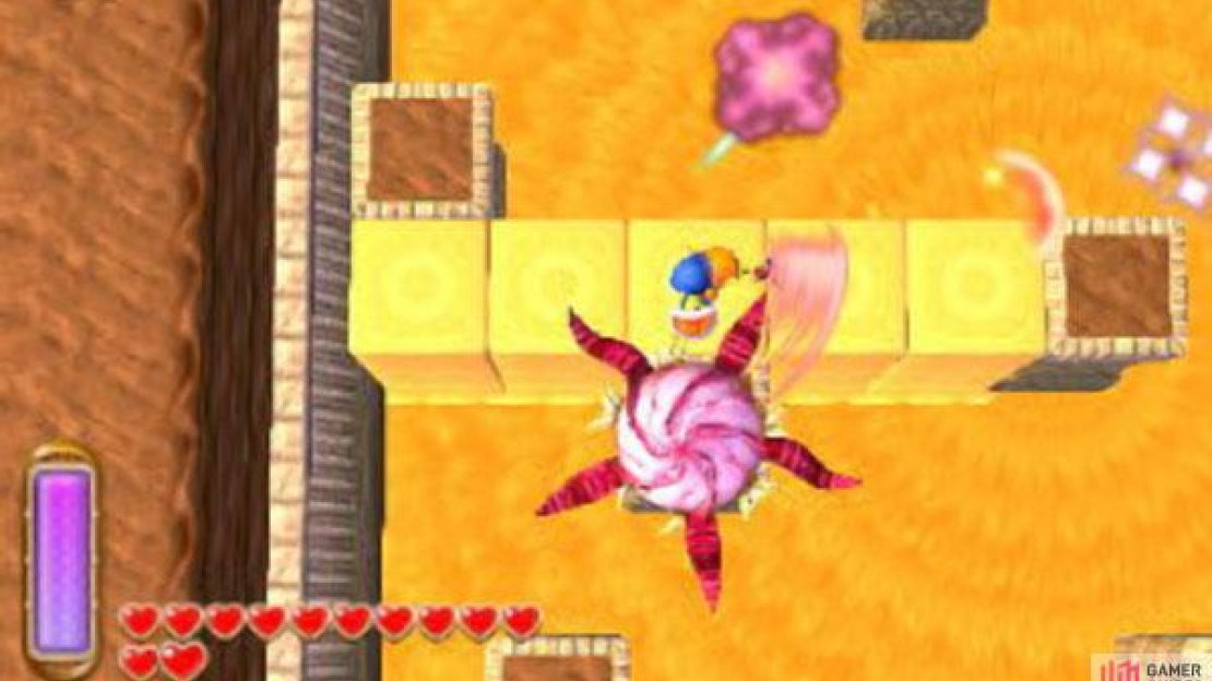 When attacking the boss, remember not to stay on your sandbridge for too long, lest it crumble (unless you’ve upgraded the Sand Rod). You can also opt to fire arrows at the boss, but it deals damage slower and consumes the energy gauge, which you should reserve for the Sand Rod.