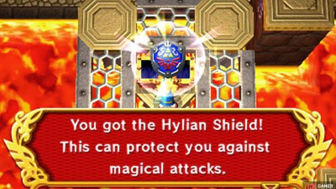 Next (B1 centre), merge into the wall immediately to the right. Walk right until you’re behind the long metal platform, then emerge to push it, creating a bridge below. Go down, across the bridge, and at the end, drop down to the left to reach the big chest–inside is the Hylian Shield.