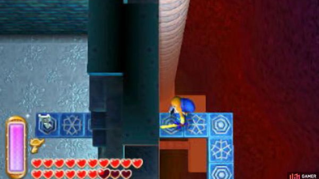 A bouncy Hardhat Beetle will approach from below–don’t hit it carelessly or you’ll fly off the pathway; instead attack from a distance or when there’s a strip of pathway directly behind you. Follow the pathway up, to the previous screen (B1 north-east); at the end, merge into the wall and walk left to claim the Small Key from before.