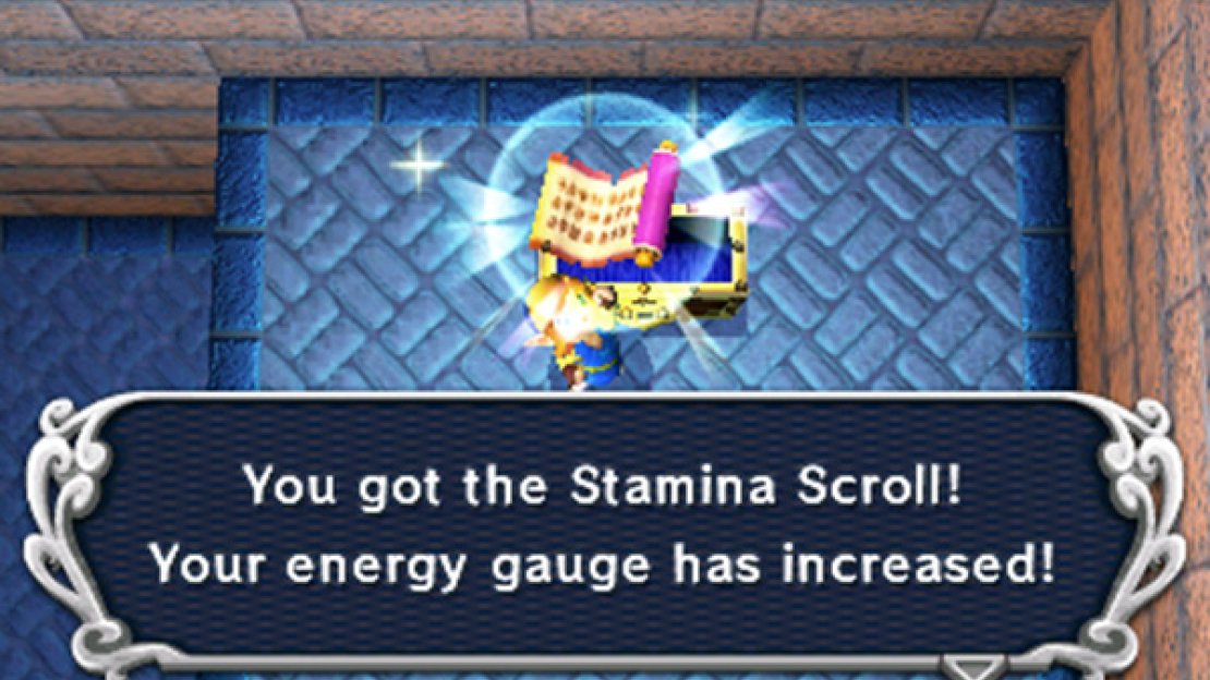Downstairs (B3 centre), open the big chest just ahead to obtain the Stamina Scroll; with this parchment, the size of the energy gauge will increase. Now you can remain merged into walls for longer and expend more item uses in a given time!