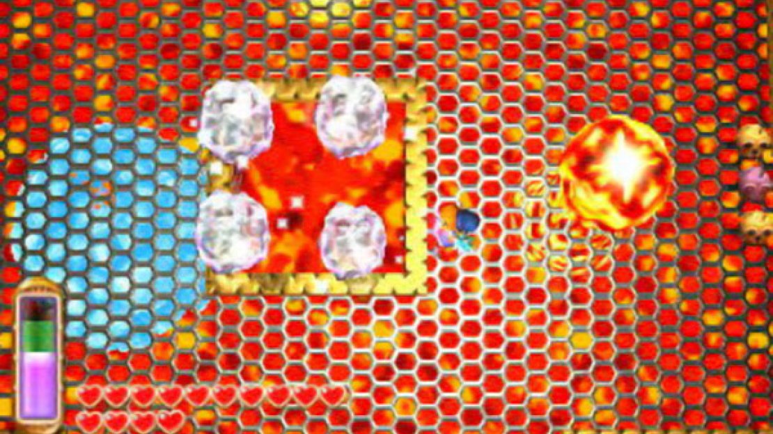 You can dodge this fiery attack very easily by repeatedly running in circles around the central opening. Eventually the boss will tire and return into the lava, at which point you can repeat the process. Once the boss has taken enough damage, it will leap from the lava onto the arena; the gaps in the arena will close up too. Now the boss will attack by elongating its neck and snapping its fangs.