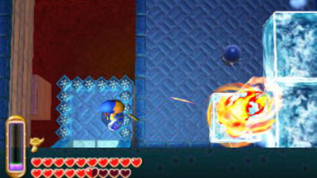 Point your Fire Rod diagonally top-right, then let loose a fireball, melting most of the ice cubes below and revealing a round switch. If you’re feeling skilled, chuck a bomb diagonally top-right to trigger the round switch from here; otherwise, you can hit the switch when come back around to this room again.