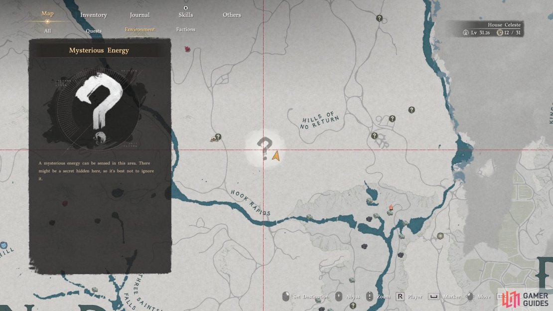 You’ll find the Arboria Forest Ruins Abyss Cresset northeast of the Hook Rapids, east of Boomveld Bombworks and southwest of Arboria Castle.