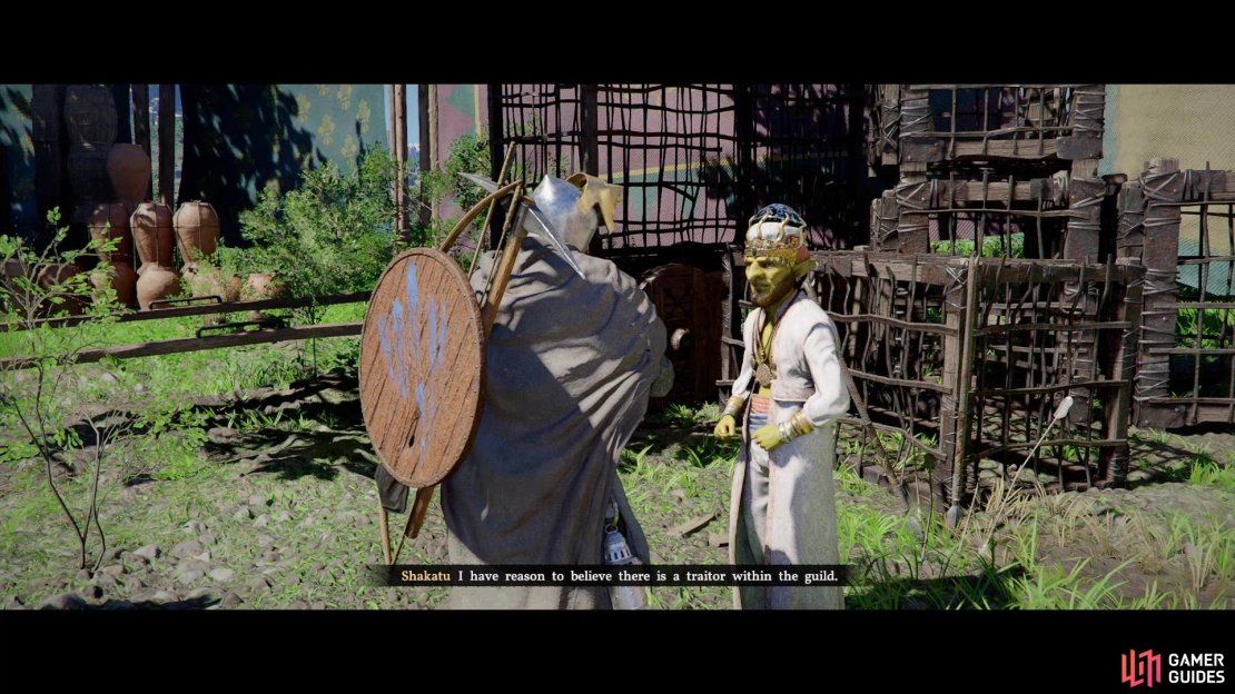 Talk to Shakatu and he’ll tell you about a suspected traitor, asking you to investigate.