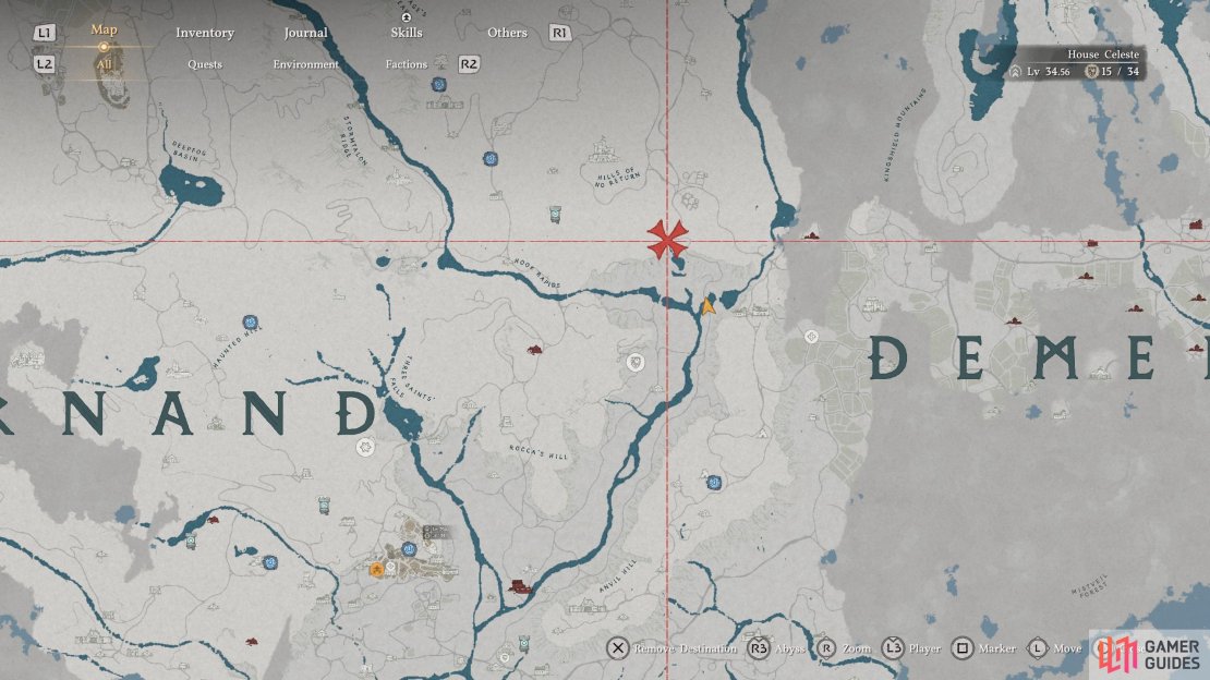 This Extra Large Bag can be found along the eastern edge of the Hernand region, southeast of the “Hills of No Return” text on the map.