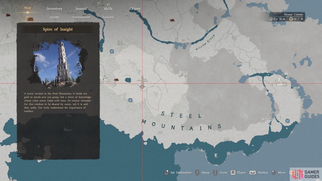 The location of the Spire of Insight on the map.