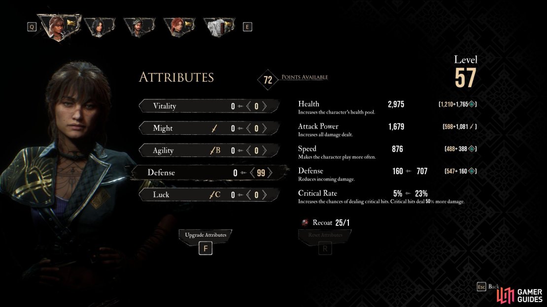 Defense will improve your… Defense, reducing the damage you take. It’ll also give you improved Critical Rate, for some reason.