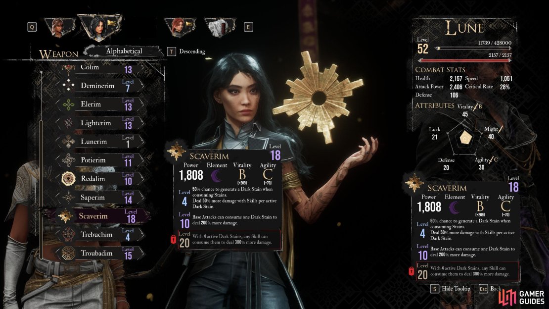 Scaverim is arguably the best weapon for Lune, but you won’t get this until later. Lighterim is good for now.