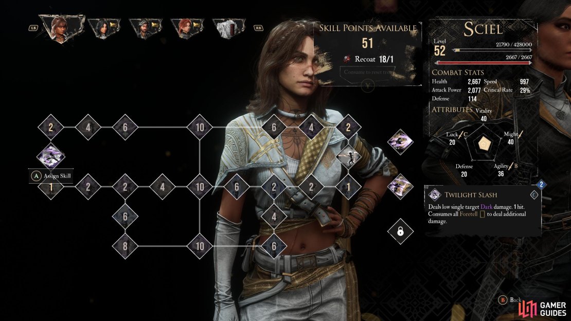 All of Sciel’s strongest skills cost 10 skill points and will appear in the center of the tree.