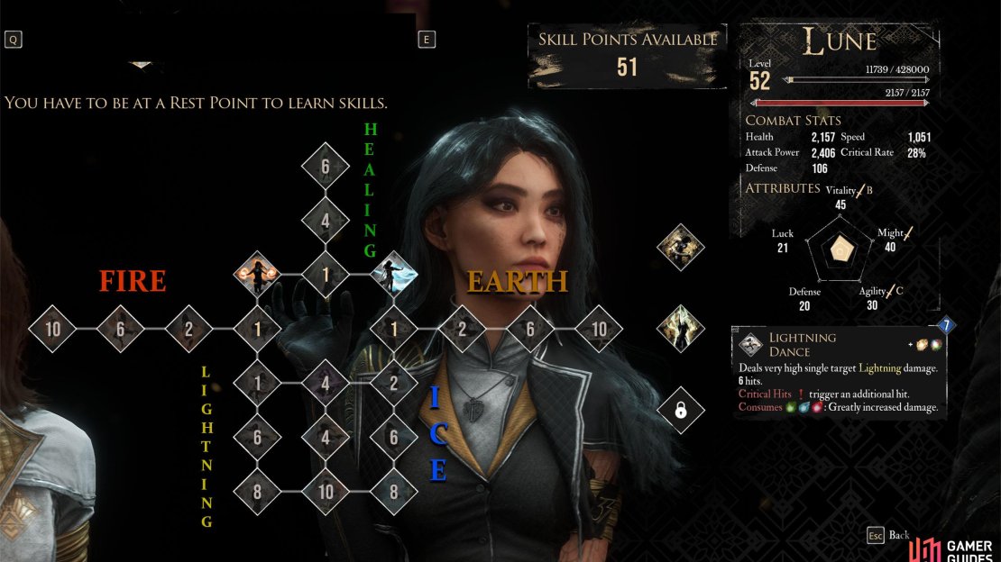 Lune’s Skill Tree is separated by groups of elements. These are Healing, Fire, Ice, Lightning, and Earth.