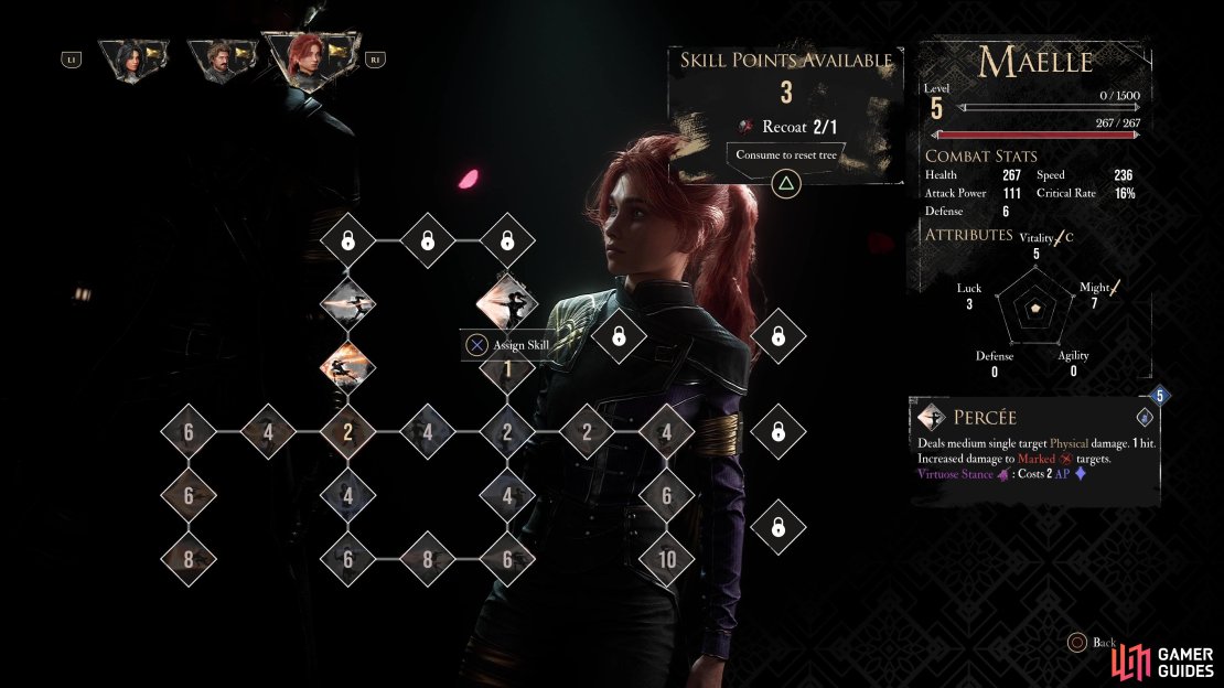 You’ll have to wait until the start of Act III to unlock Maelle’s three skills at the top.