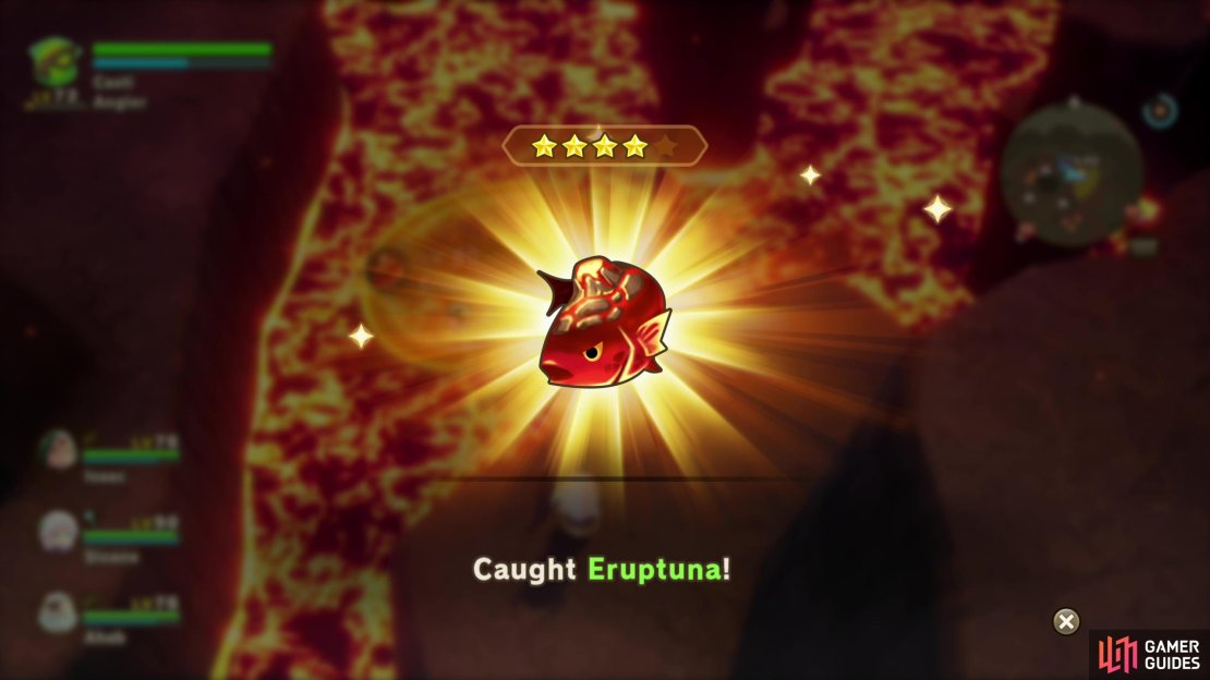 The Eruptuna is the only boss fish you can find in lava. It’ll spawn in the northern reaches of the Moltana Wastes, but only once you’ve reached Area Rank 5+.