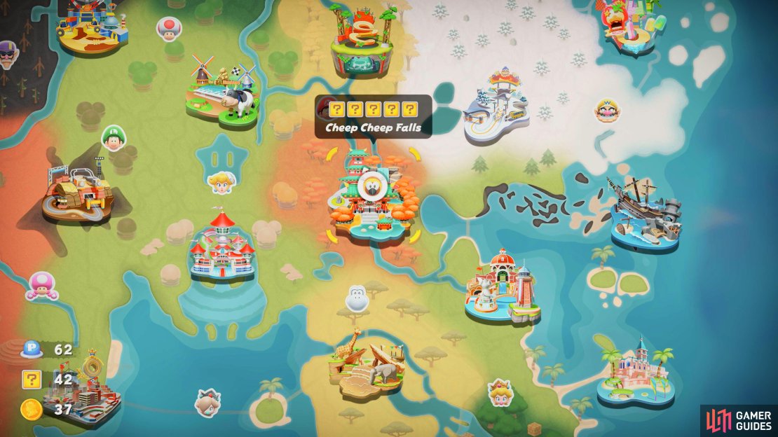 Cheep Cheep Falls is located east of Peach Stadium and contains 5 question mark panels for you to unlock.