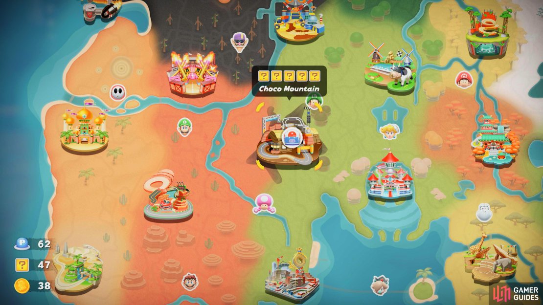 Choco Mountain is located to the northwest of Peach Stadium and has five question mark panels for you to unlock.
