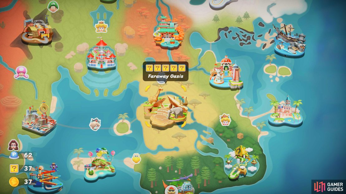 Faraway Oasis is located to the north of Dino Dino Jungle and has 5 question mark panels to unlock.