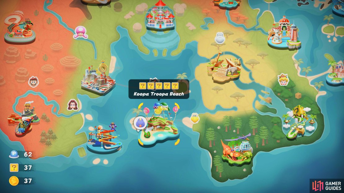 Koopa Troopa Beach is located in the sea to the south and has five question mark panels to unlock.