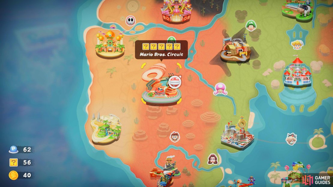 Mario Bros. Circuit is located to the west of Peach Stadium and contains five question mark panels for you to unlock.