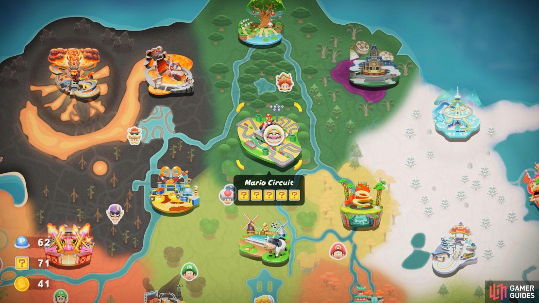 Mario Circuit is located near the north of the map, north of Moo Moo Meadows. Expect to find five question mark panels for you to unlock.