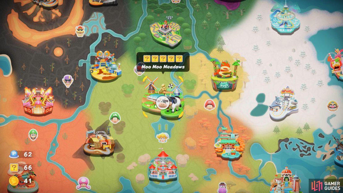 Moo Moo Meadows is located in the center of the map, north of Peach Stadium. This circuit contains five question mark panels for you to unlock.