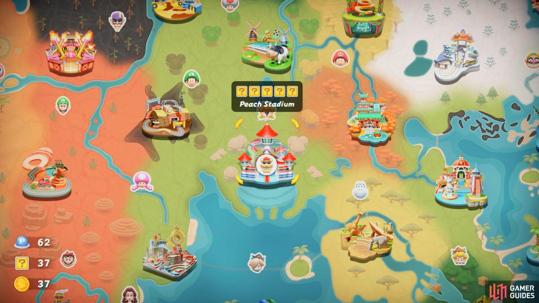 Peach Stadium is located in the center of the map and has five question mark panels to unlock.