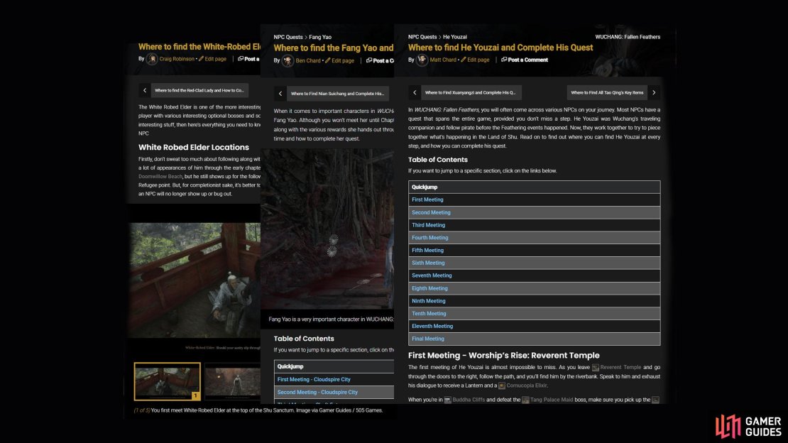 Follow our NPC guides to make sure you&rsquo;re up-to-date with Fang Yao, He Youzai, and the White-Robed Elder.