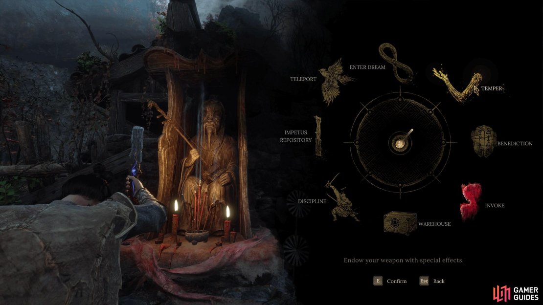 Once unlocked, you can access the Temper system by selecting it in the shrine menu.