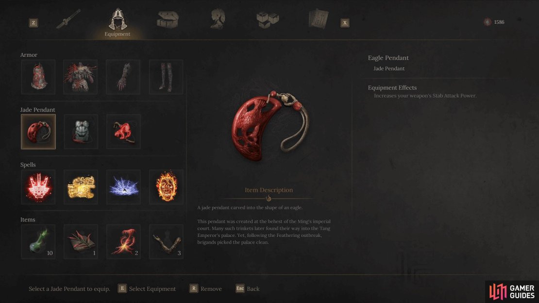 The Eagle Pendant is especially good for the Spear as it&rsquo;ll increase your Stab damage.