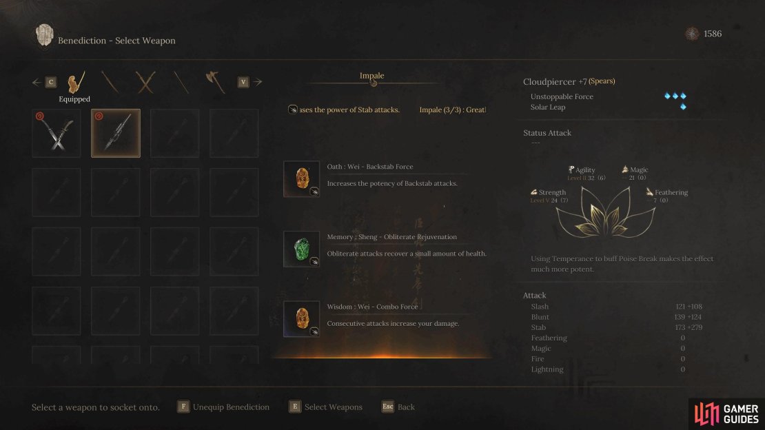 By using the three recommended Benedictions, you&rsquo;ll complete the Impale set bonus, giving you an extra 20% Stab damage.