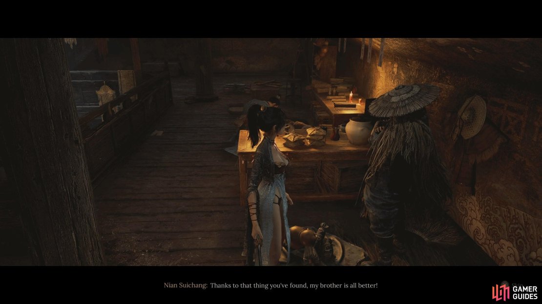 Return to Reverent Temple, go to the second floor, and speak to Nian, who’ll tell you that his brother is recovering.