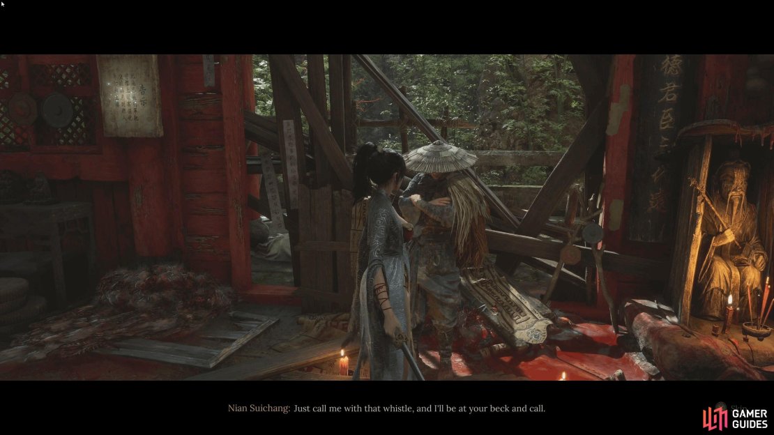 Speak to Nian next to the Shu Sanctum shrine, and he’ll remind you about the Bone Whistle.